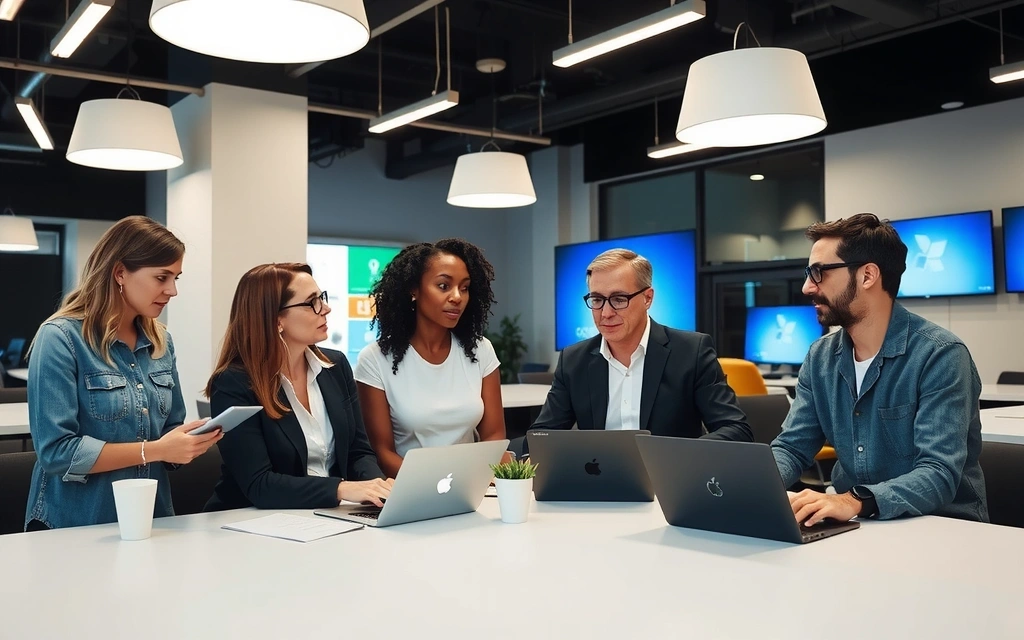 Un gruppo di persone che collaborano in una redazione moderna e luminosa