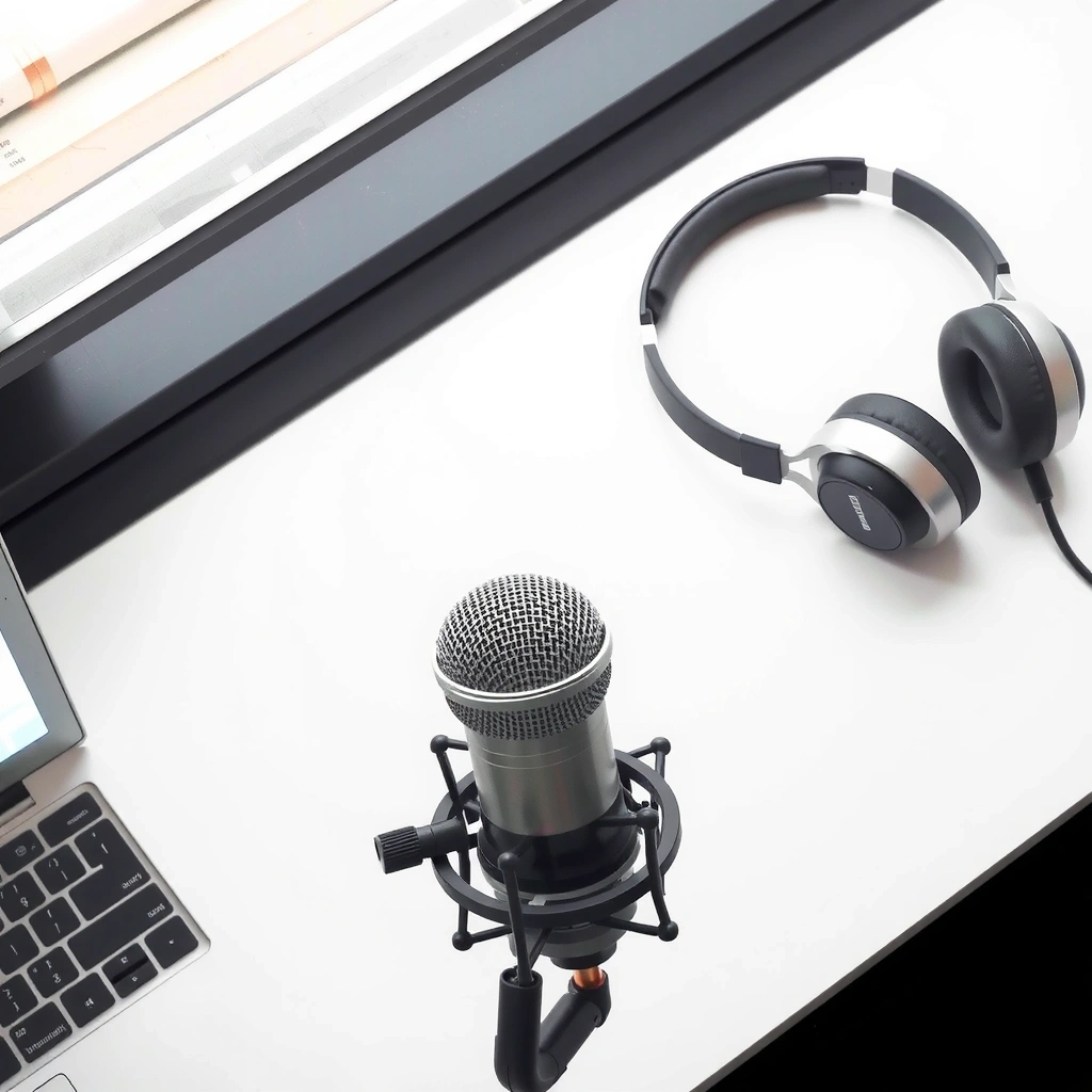 Microfono da podcast e cuffie su un tavolo