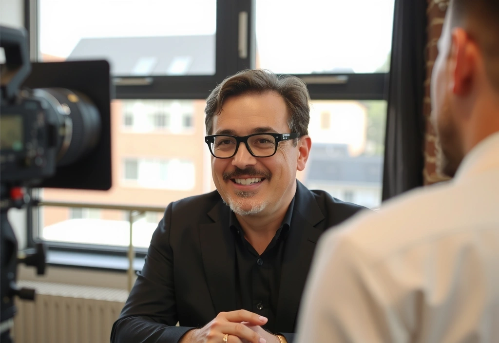 Ritratto di un regista sorridente durante un'intervista