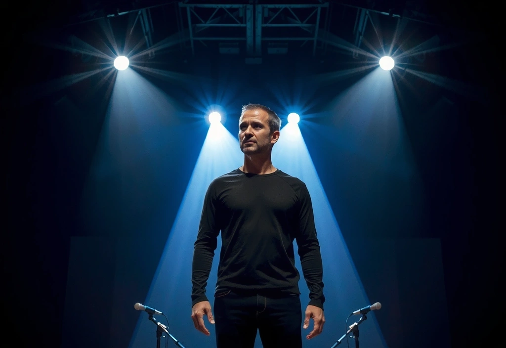 Un attore sul palco durante una rappresentazione teatrale, con riflettori che lo illuminano