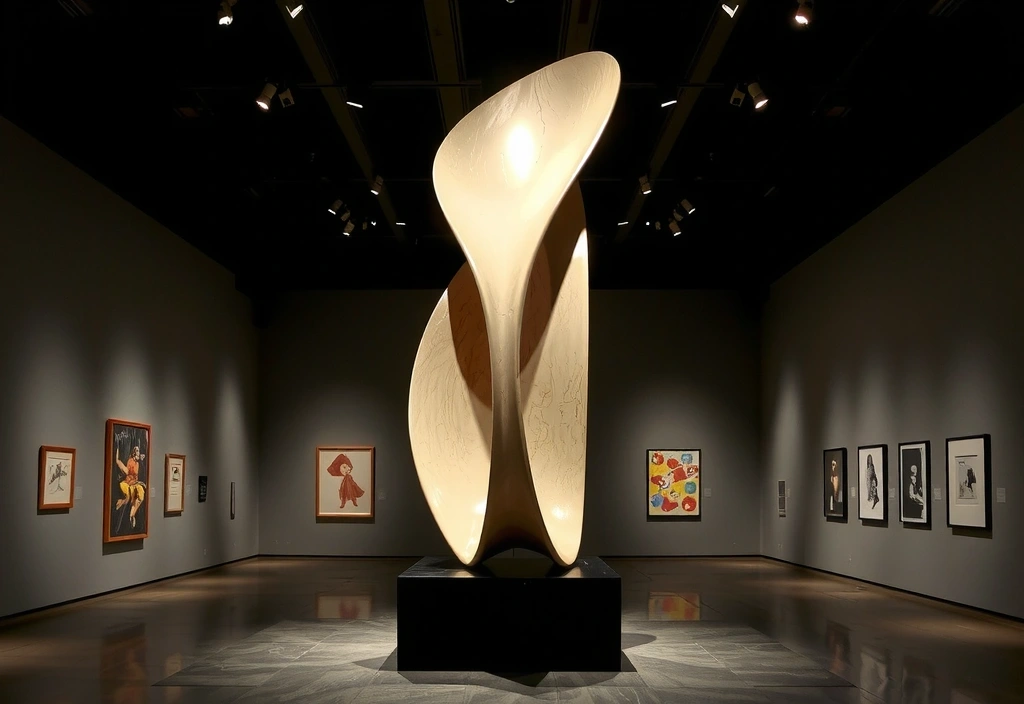 Una scultura moderna astratta in un museo con luce soffusa