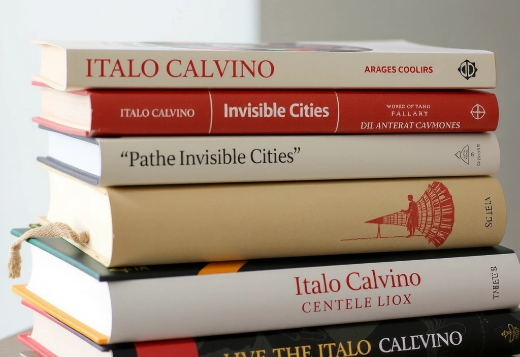 Una pila di libri di Italo Calvino con un'illustrazione che richiama 'Le Città Invisibili'