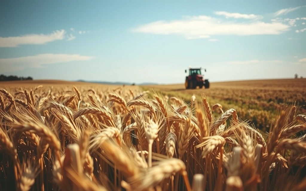 Campo di grano dorato sotto un cielo azzurro, con un trattore in lontananza