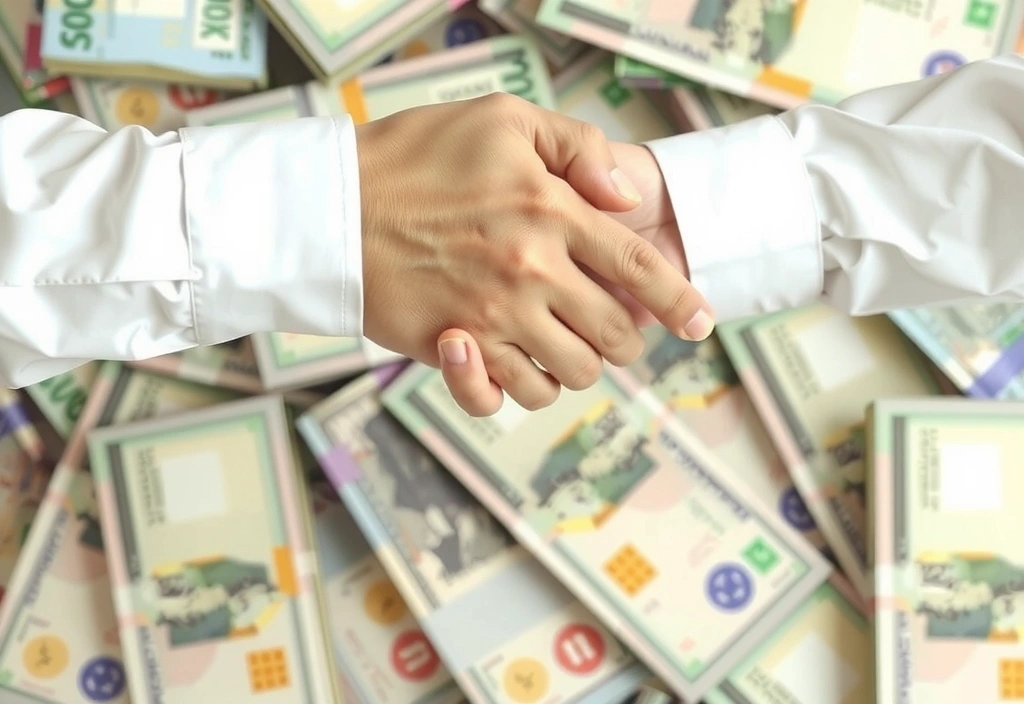 Mani che si stringono su uno sfondo di valute miste, simboleggiando accordi economici