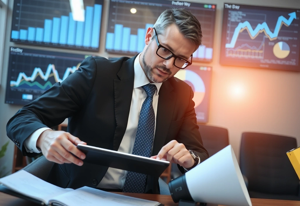 Uomo d'affari che esamina dati finanziari su un tablet, circondato da grafici digitali