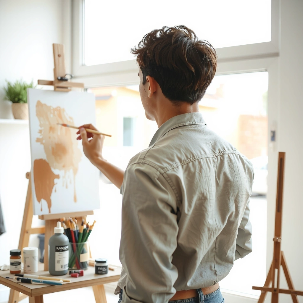Artista che dipinge su una tela in uno studio luminoso, con pennelli e colori.