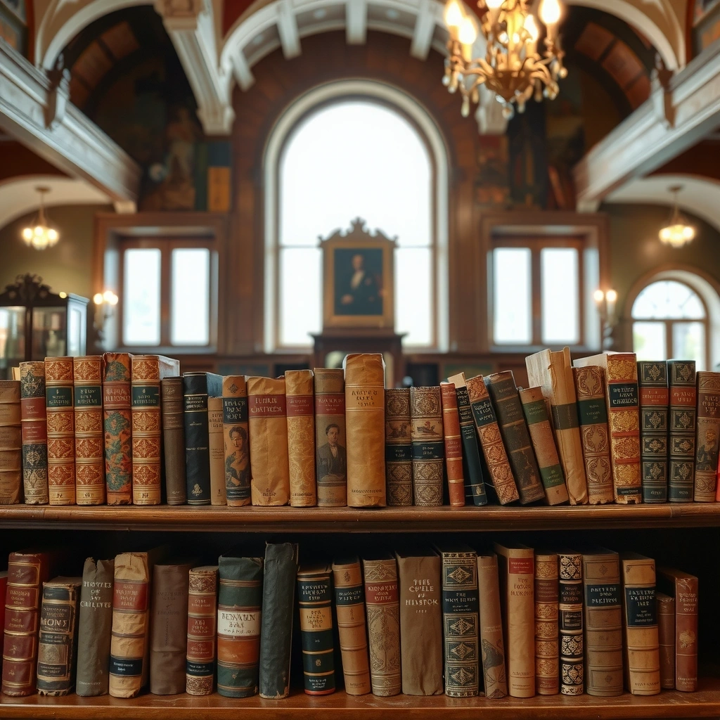Libri antichi su uno scaffale in una biblioteca storica, con luce che filtra dalle finestre.