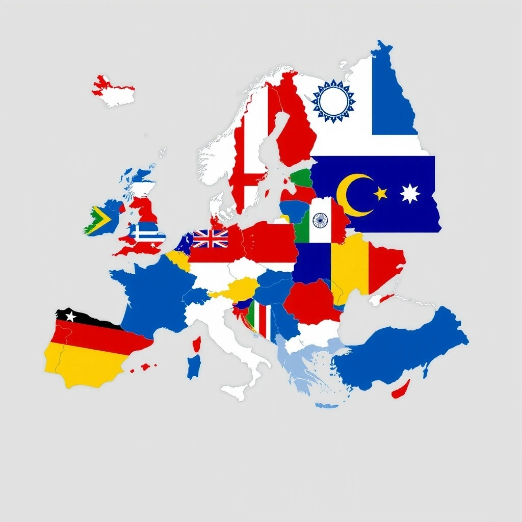 Mappa europea con bandiere dei paesi membri, indicando relazioni internazionali.