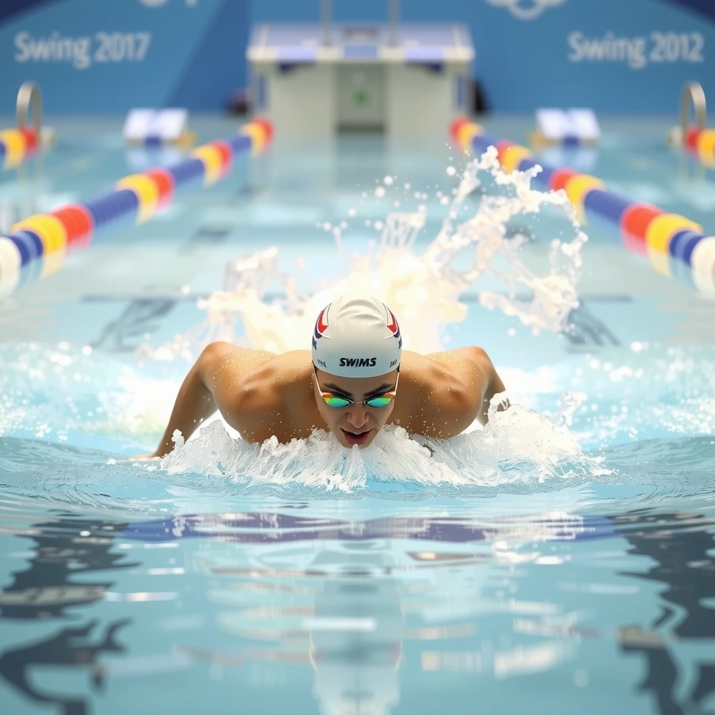 Nuotatore che emerge dall\'acqua in una piscina olimpionica, con schizzi d\'acqua.