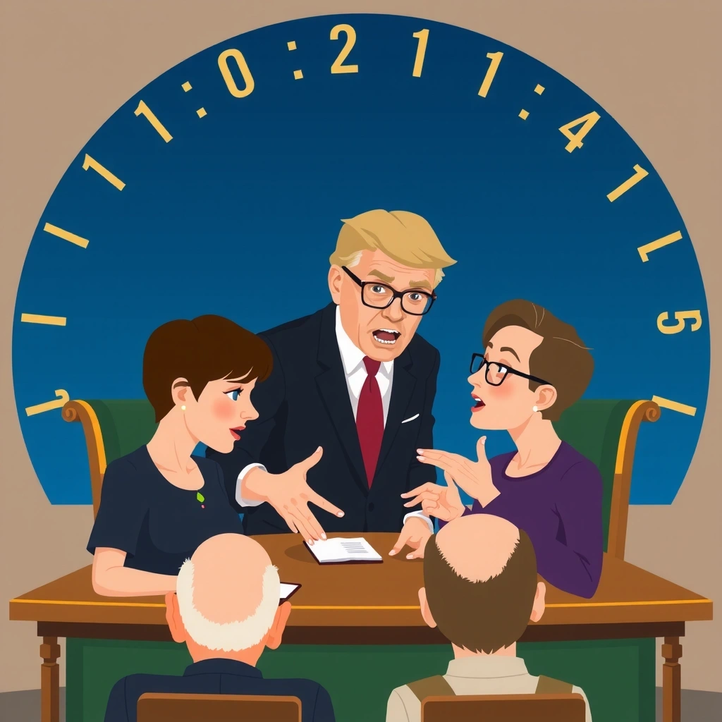 Parlamento in sessione, con deputati che discutono animatamente.