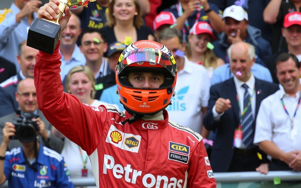 Immagine di un corridore di Formula 1 che festeggia sul podio
