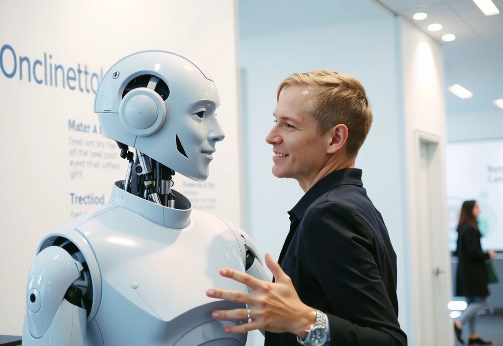 Illustrazione di un robot umanoide che interagisce con un essere umano