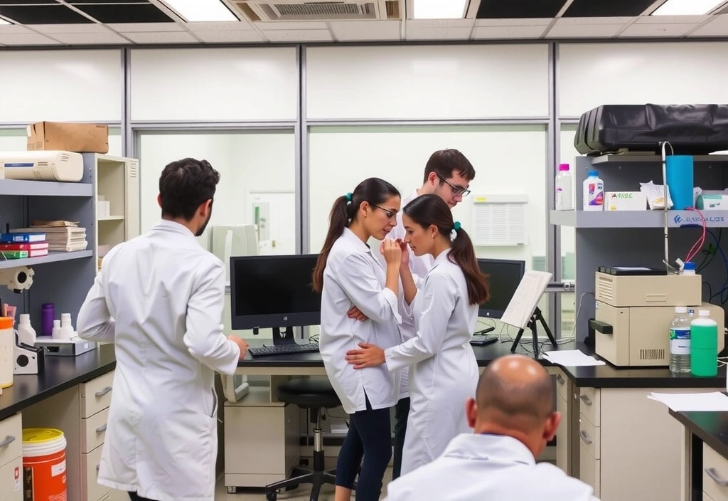 Illustrazione di un team di ricercatori che lavorano in un laboratorio high-tech